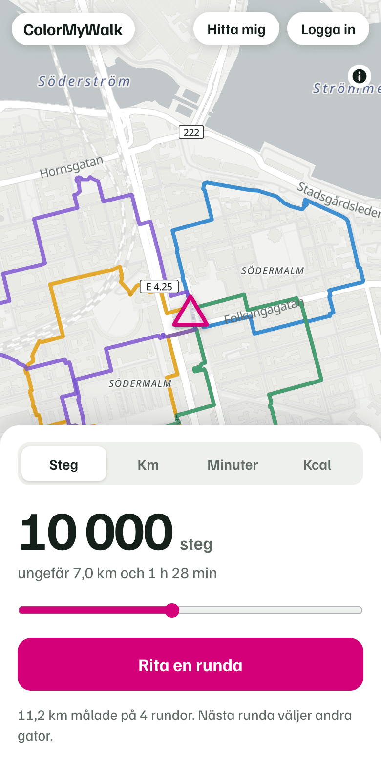 Appen med målet 10 000 steg och tidigare rundor i olika färger på kartan