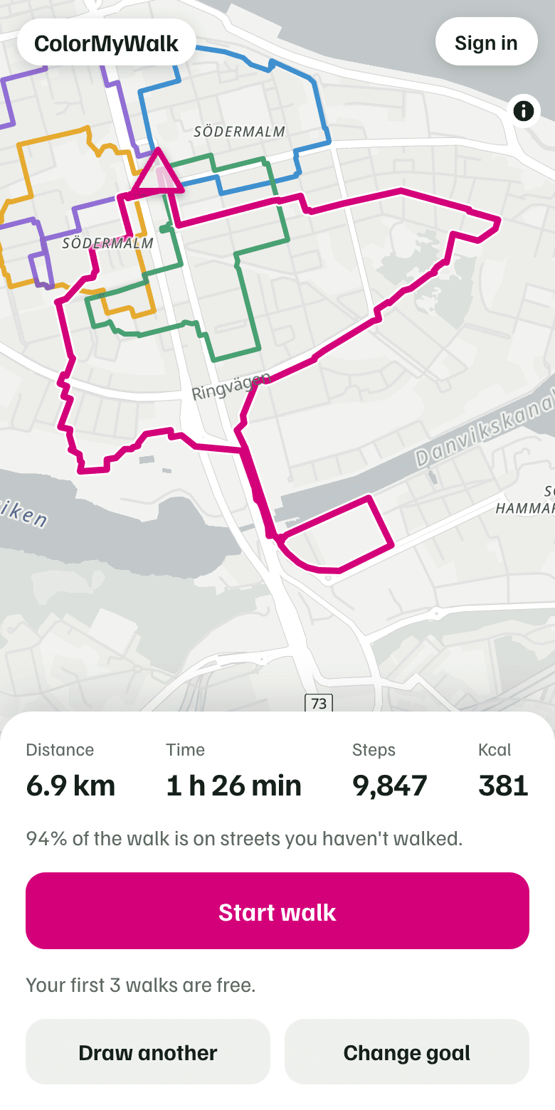 A suggested walk drawn on the map, with distance, time, steps and calories